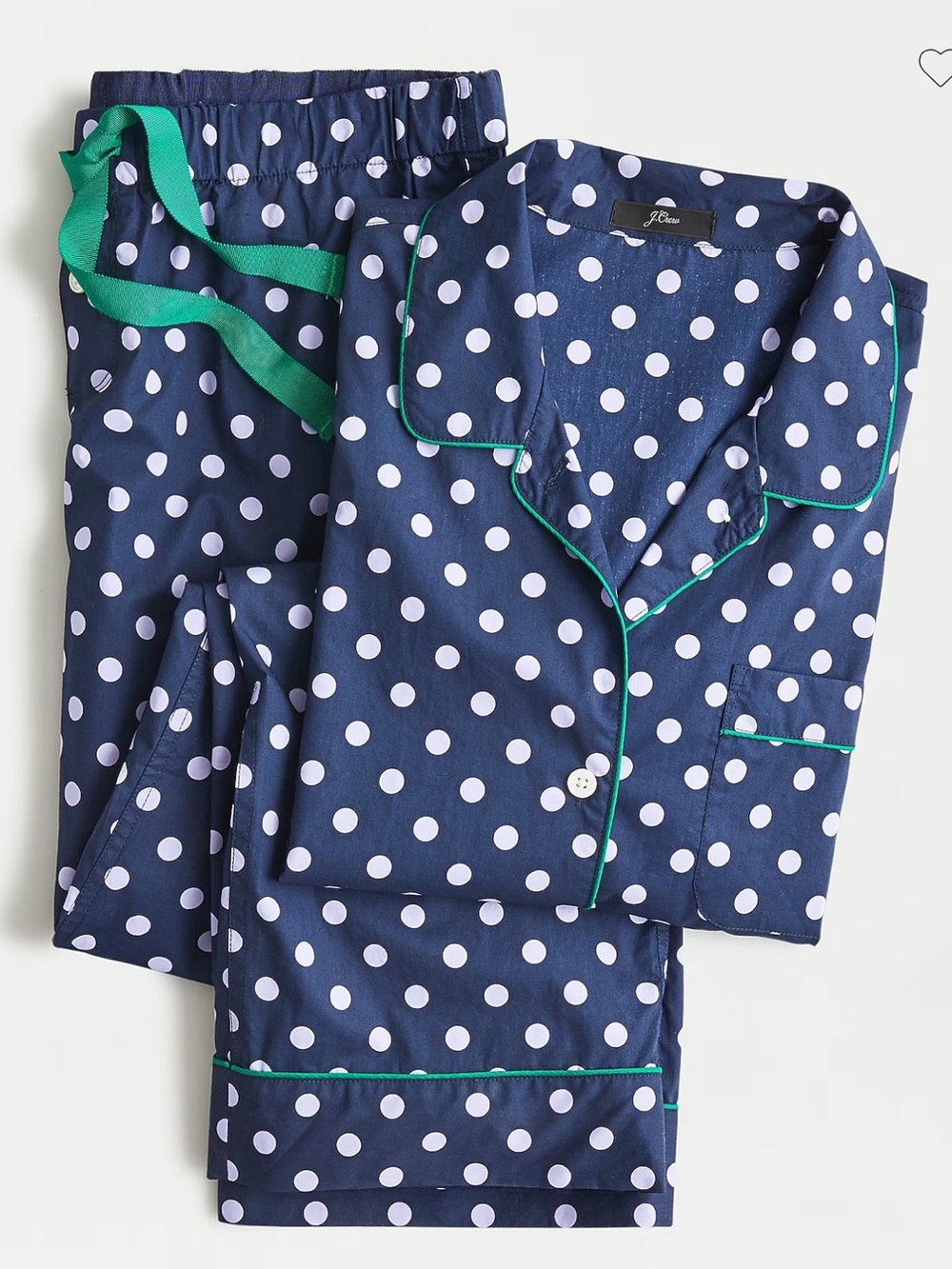 J. Crew Navy Polka Dot Pajama Set with White Dots and Green Trim